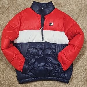 Fila Red and White Puffer Jacket with Quilted Design